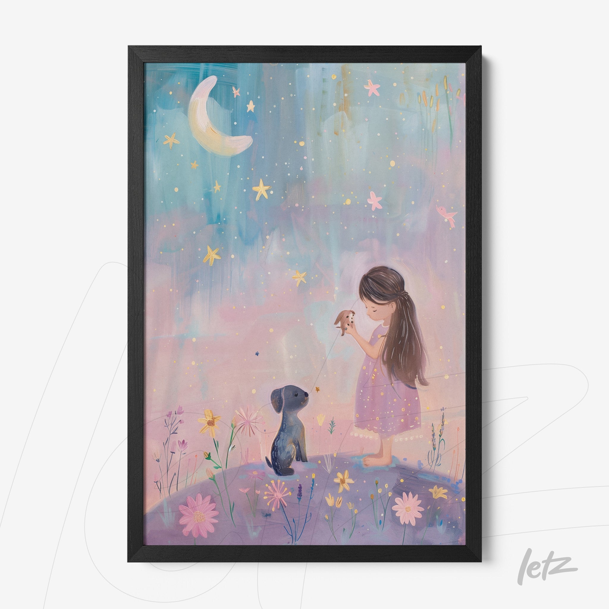 framed digital artwork of a girl in a lilac dress holding a bird with a dog beside her against a soft background of stars and flowers