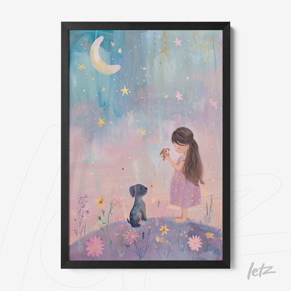 framed digital artwork of a girl in a lilac dress holding a bird with a dog beside her against a soft background of stars and flowers