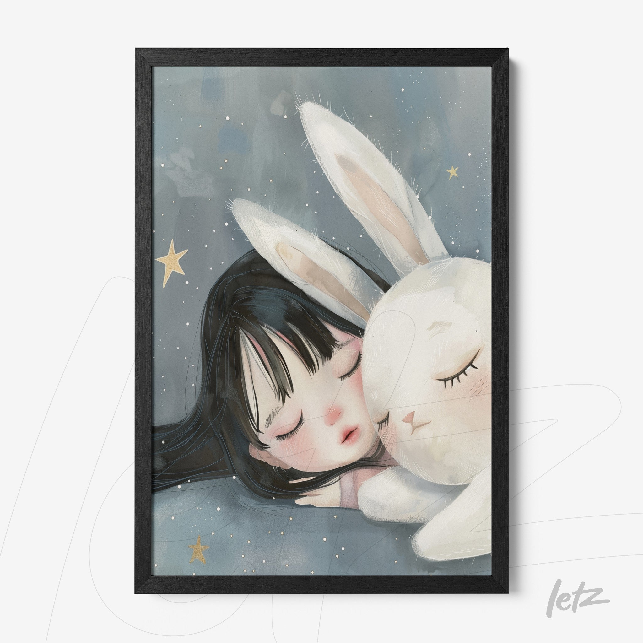 framed artwork of a girl sleeping beside a white bunny, featuring a dark blue background and gold star details