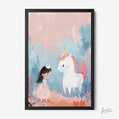framed wall art featuring a colorful illustration of a girl in a crown meeting a unicorn against a soft background