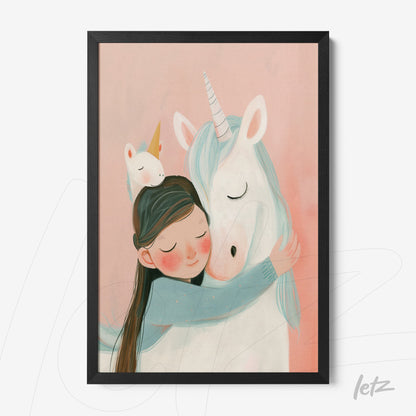framed artwork featuring a cute illustration of a girl hugging a unicorn with a pink background