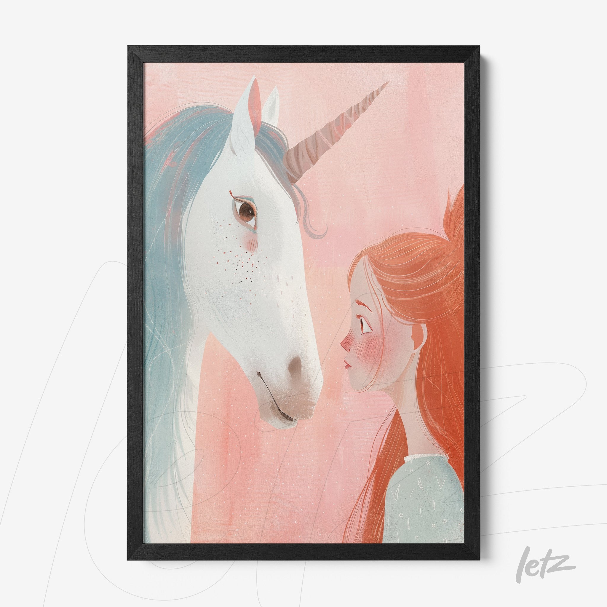 framed children's art featuring a girl with red hair gazing at a unicorn against a soft pink background