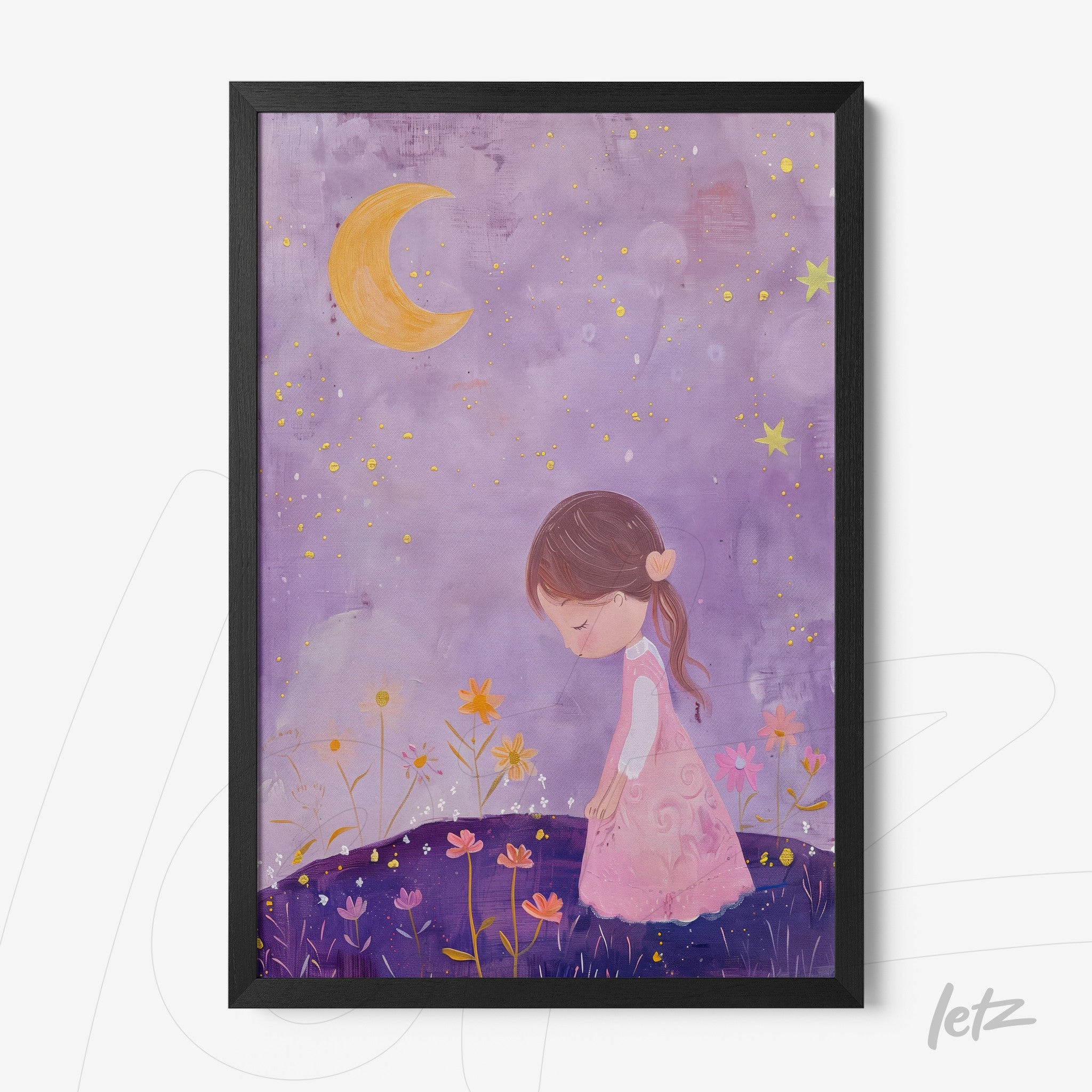 framed artwork of a girl in a pink dress in a nighttime scene with a crescent moon and colorful flowers