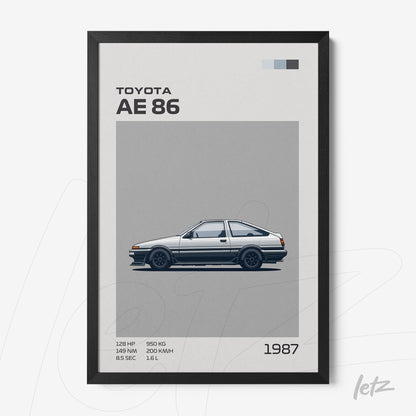 framed graphic art of Toyota AE 86 car with gray background and technical specifications displayed
