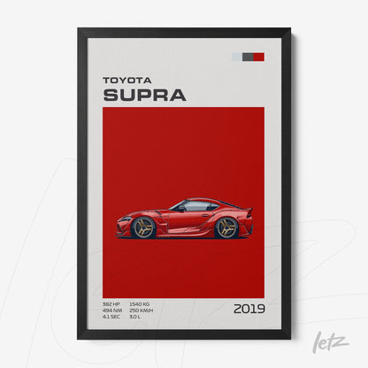 framed artwork of the 2019 Toyota Supra car illustration on a red background with black frame