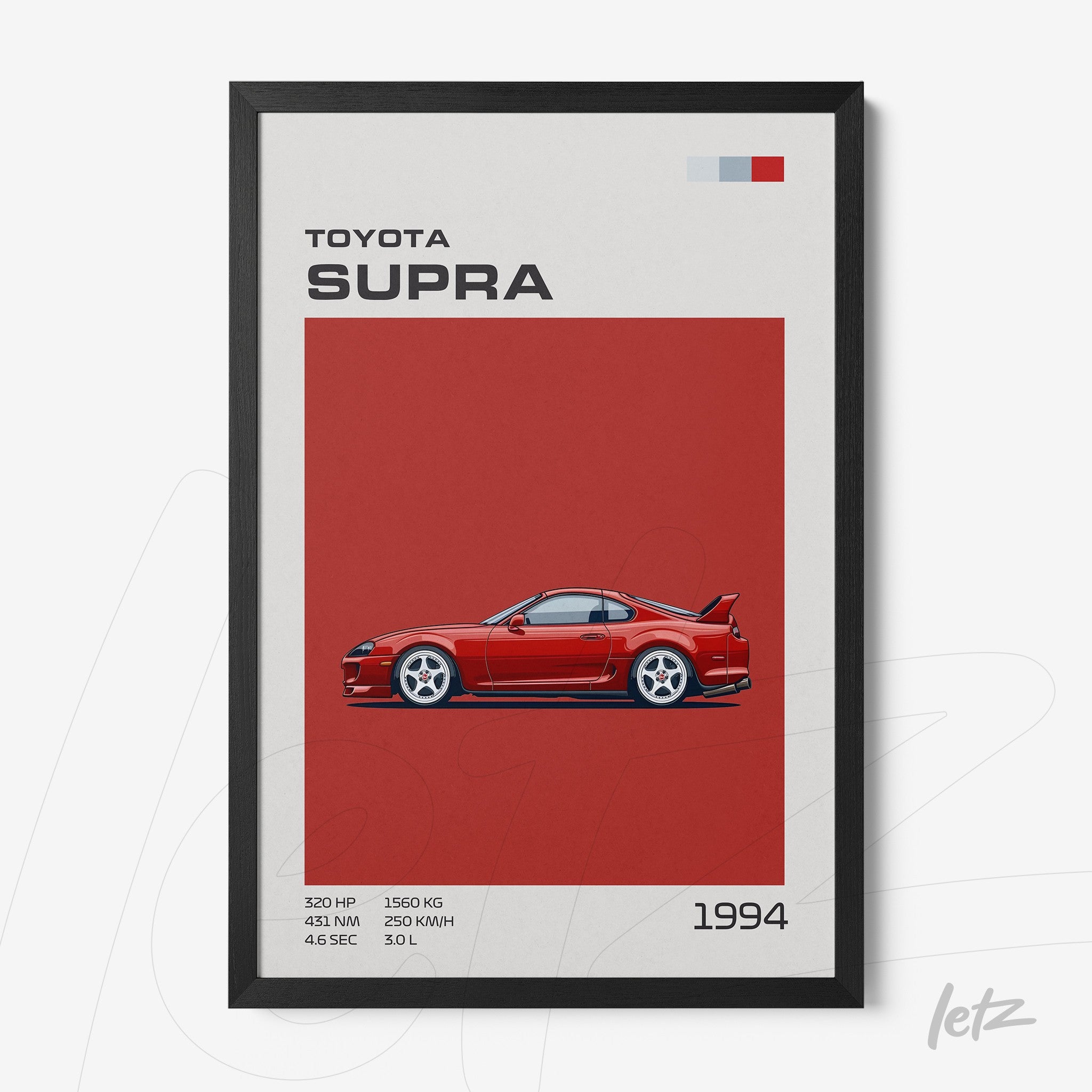 framed digital art of a red 1994 Toyota Supra against a solid red background