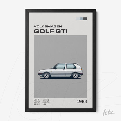 framed wall art featuring a minimalist illustration of the 1984 Volkswagen Golf GTI on a gray background