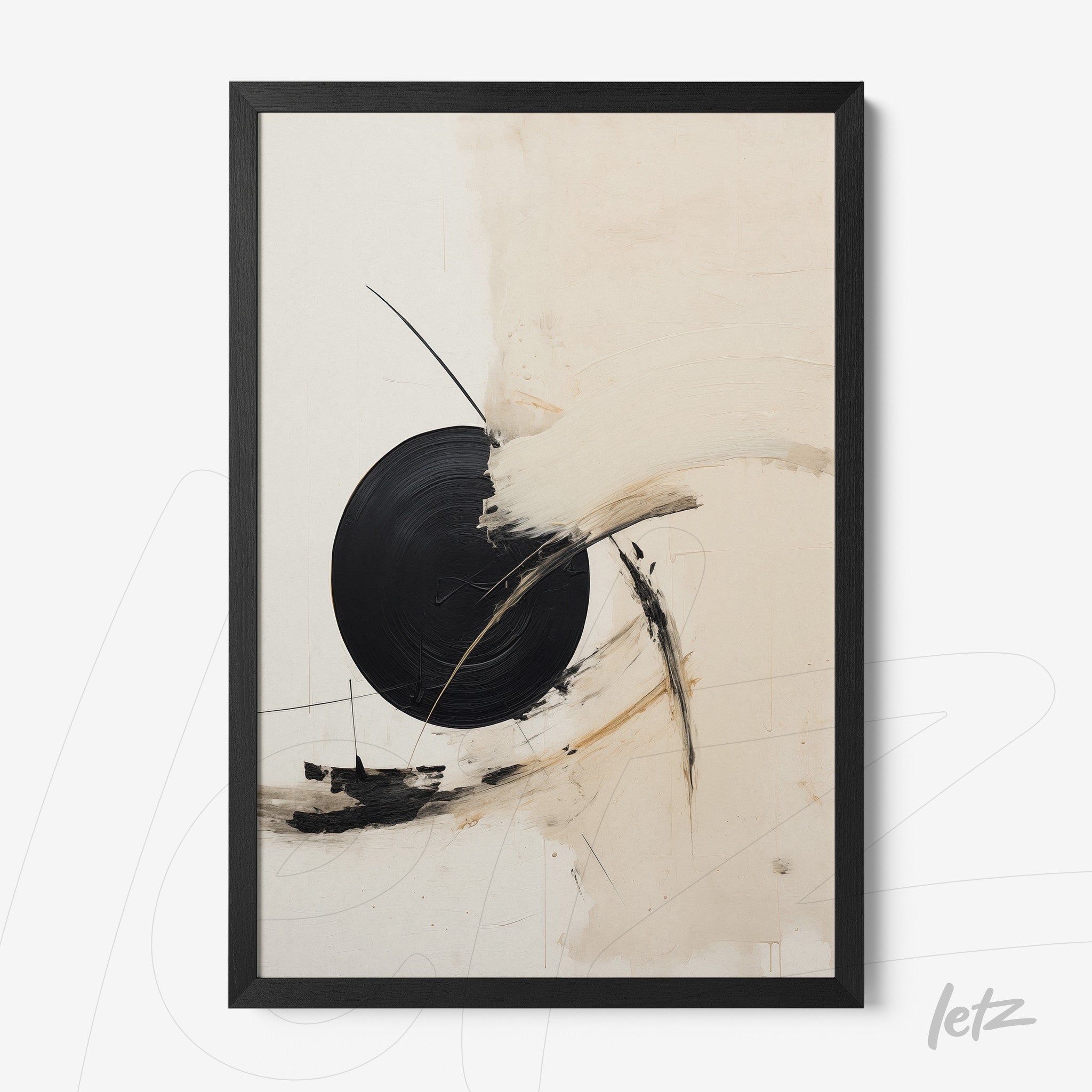 abstract wall art in neutral tones featuring a black circle on a light background with a black frame