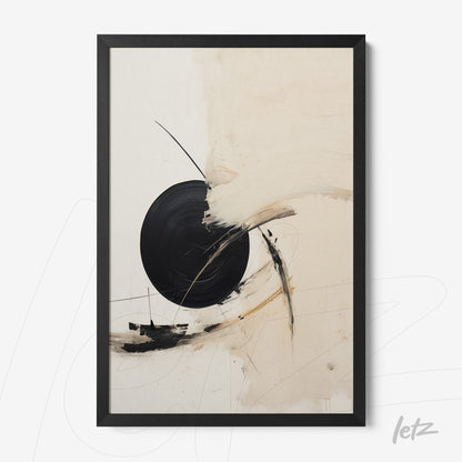 abstract wall art in neutral tones featuring a black circle on a light background with a black frame