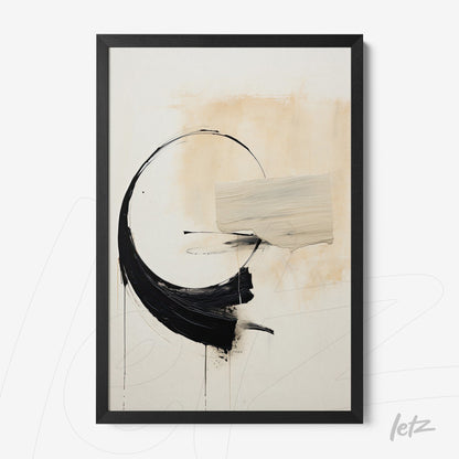 abstract wall art in neutral tones featuring circular shapes and black brushstrokes, framed with a black frame
