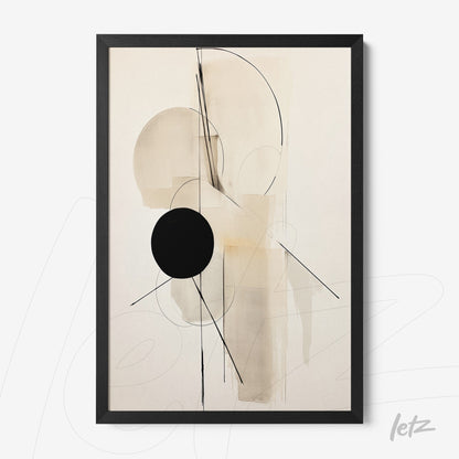 framed wall art with abstract design in neutral tones featuring geometric shapes and a prominent black circle