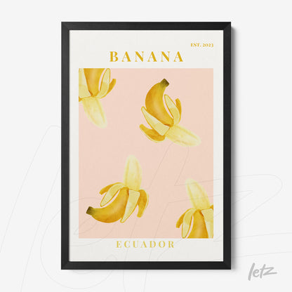 framed graphic art featuring bananas on a pink background with black frame