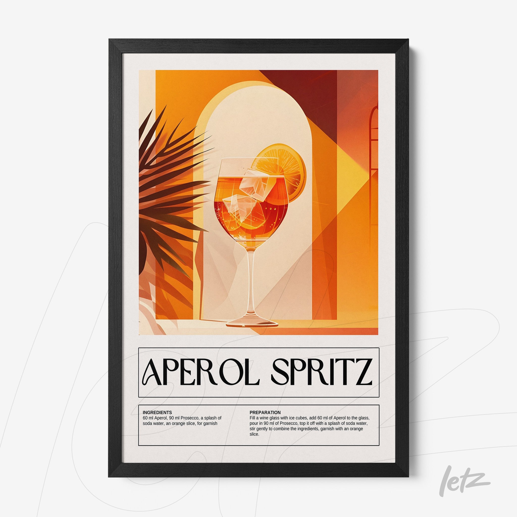 framed art print of aperol spritz cocktail with a black frame