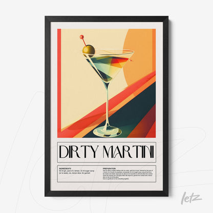 framed graphic art of a dirty martini cocktail with black frame and solid color background
