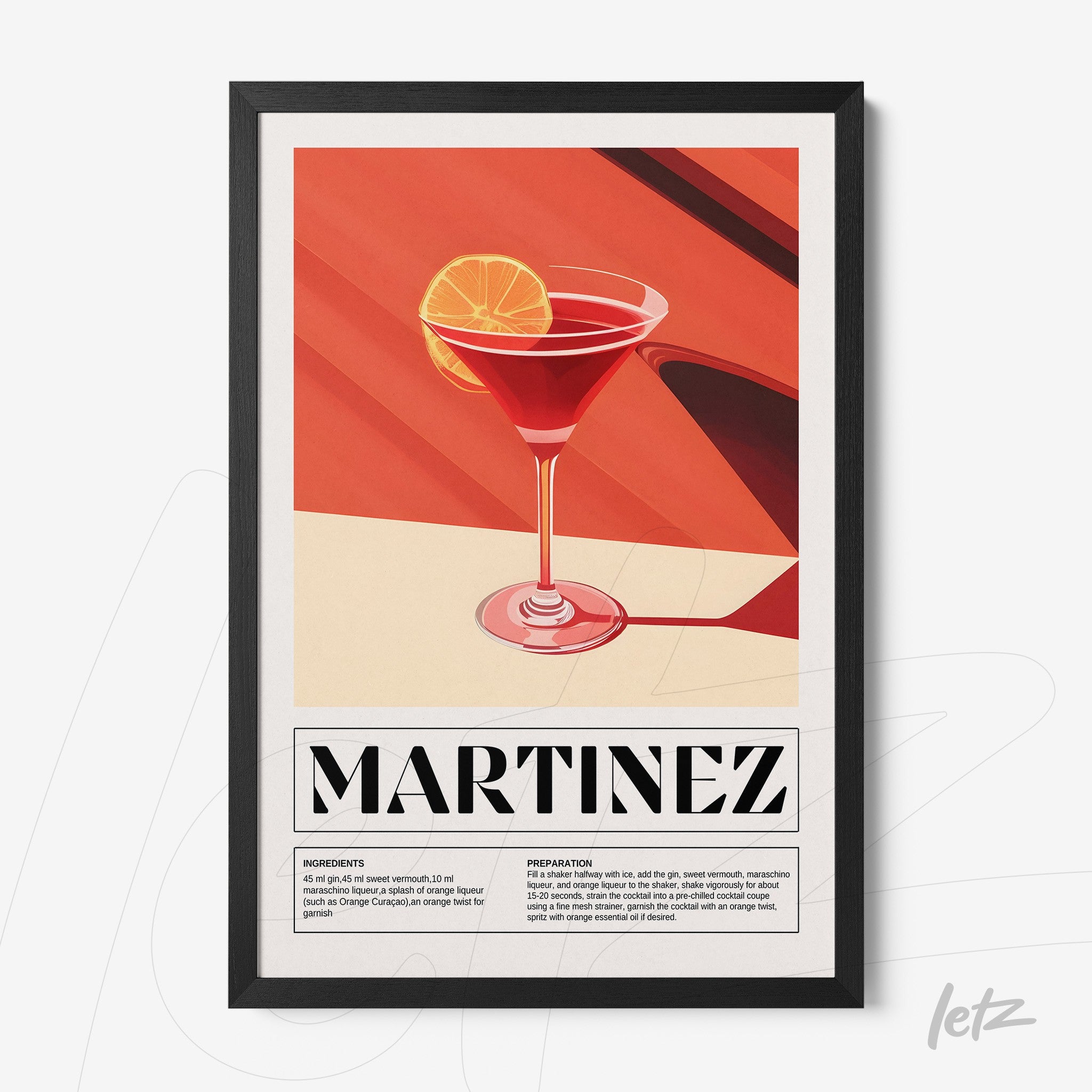 graphic wall art of a martinez cocktail in a glass with a lemon slice, framed in black with a stylized red background