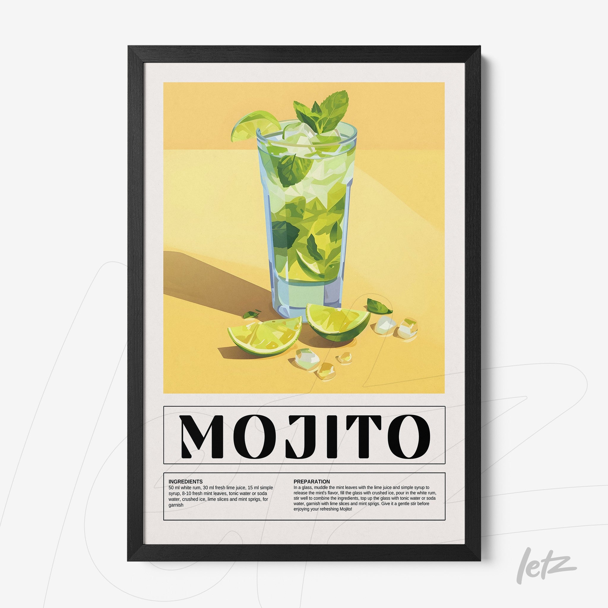 framed wall art of mojito cocktail illustration with black frame, featuring a yellow background and sliced limes around the glass