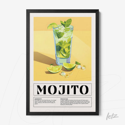 framed wall art of mojito cocktail illustration with black frame, featuring a yellow background and sliced limes around the glass