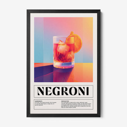 framed art featuring vibrant illustration of negroni cocktail with black frame