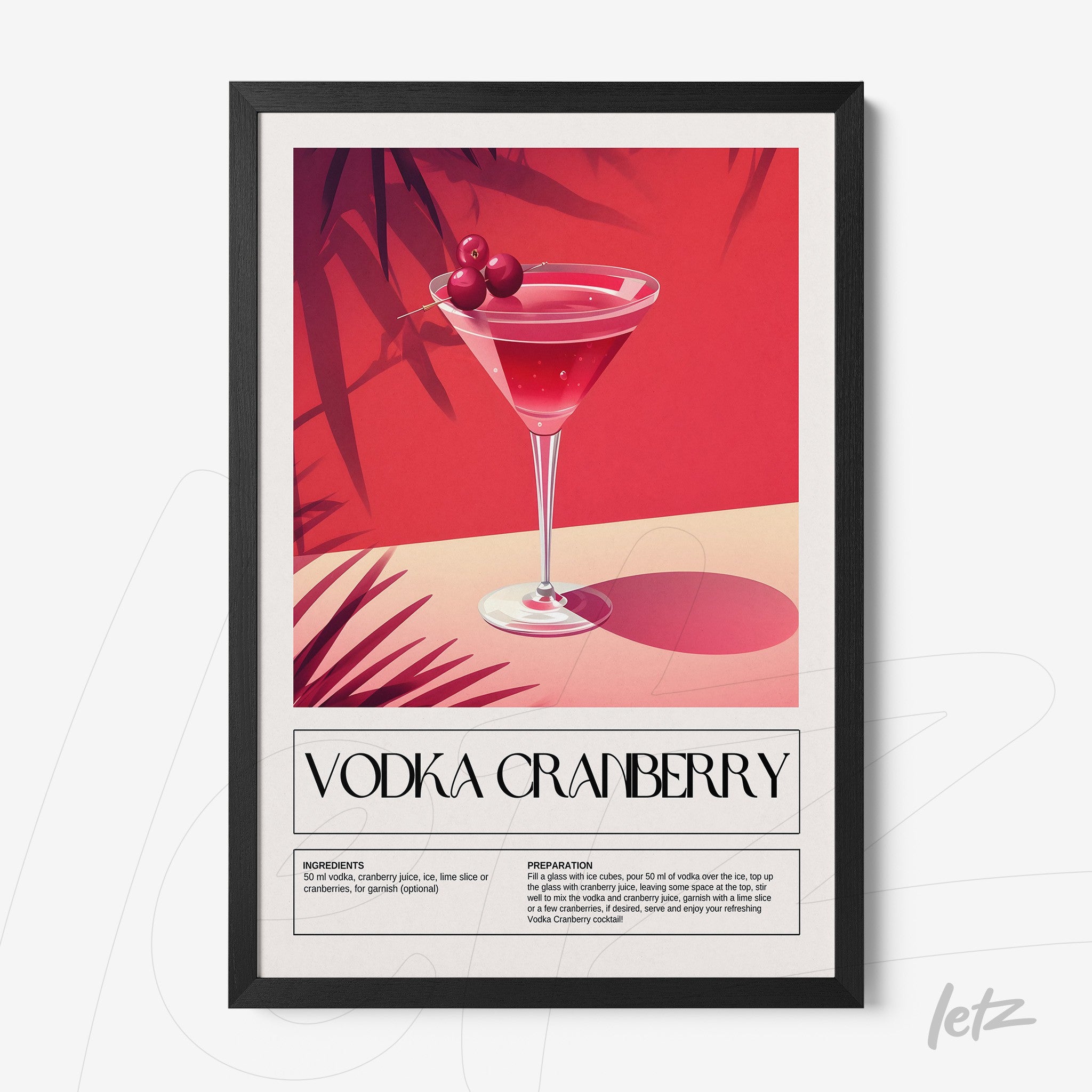 framed artwork of vodka cranberry cocktail with black frame, vibrant red background and plant details