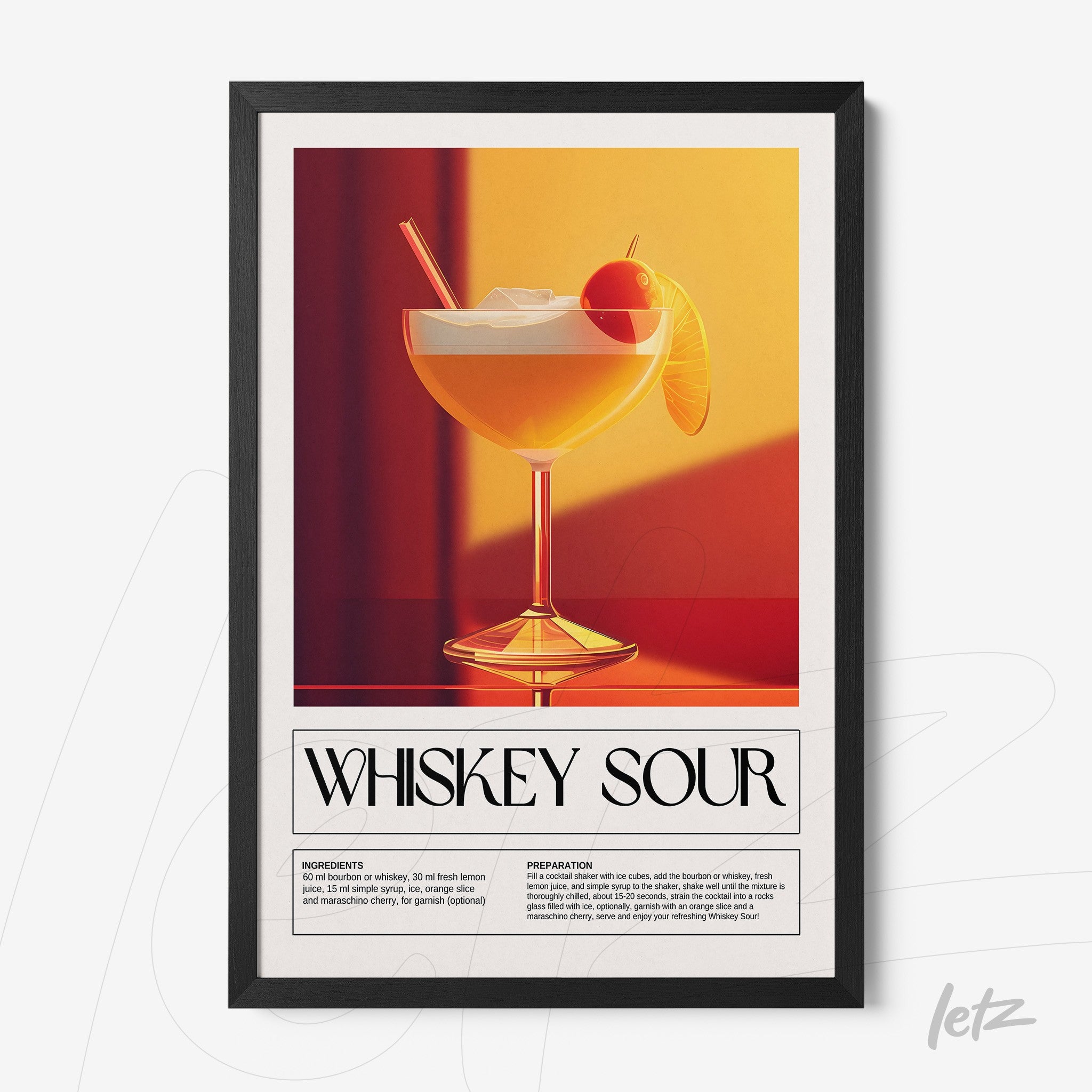 framed wall art featuring an illustration of whiskey sour cocktail with a black frame and red background