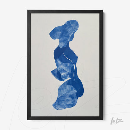 framed artwork featuring a minimalist blue silhouette of a female figure with a black frame
