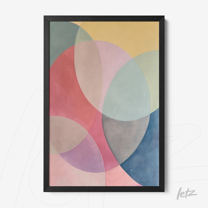 framed abstract artwork featuring overlapping circles in pastel shades with black frame