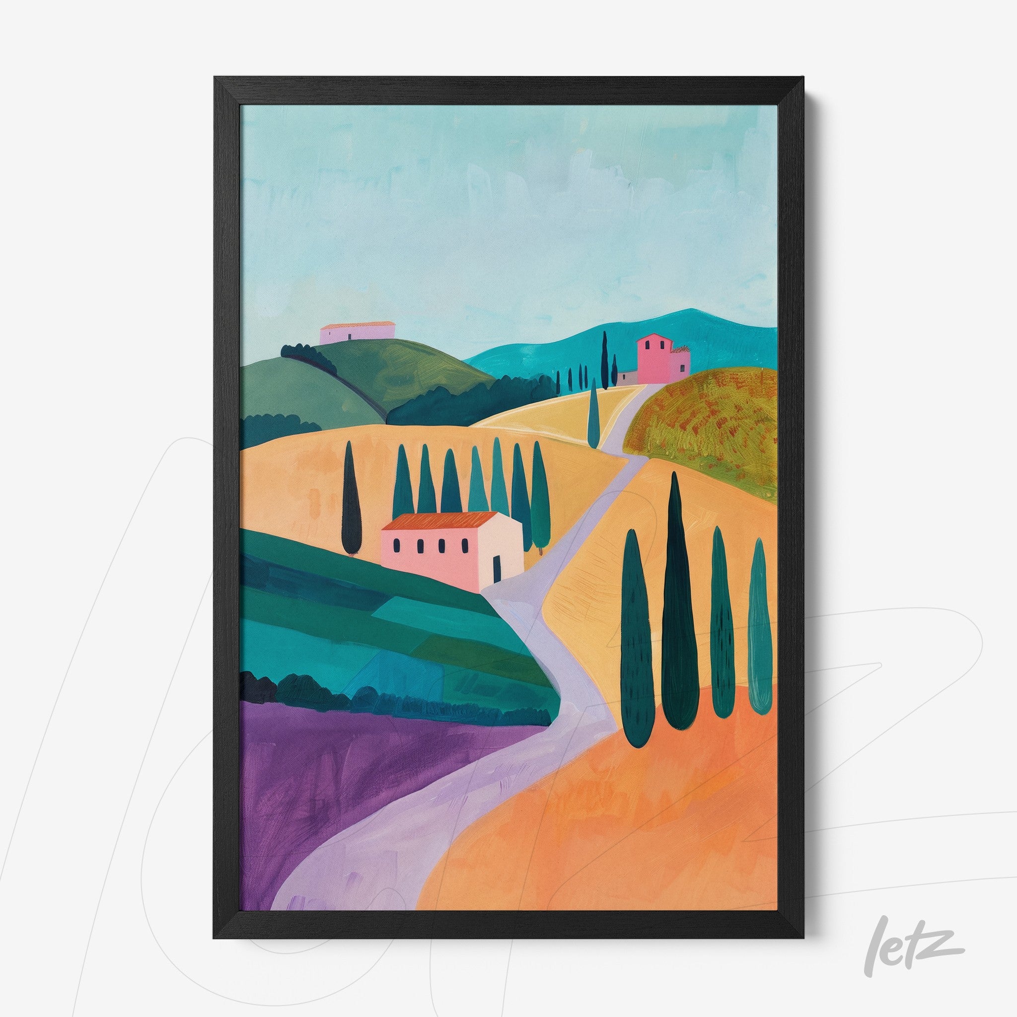 framed art depicting a countryside landscape with yellow fields and green hills