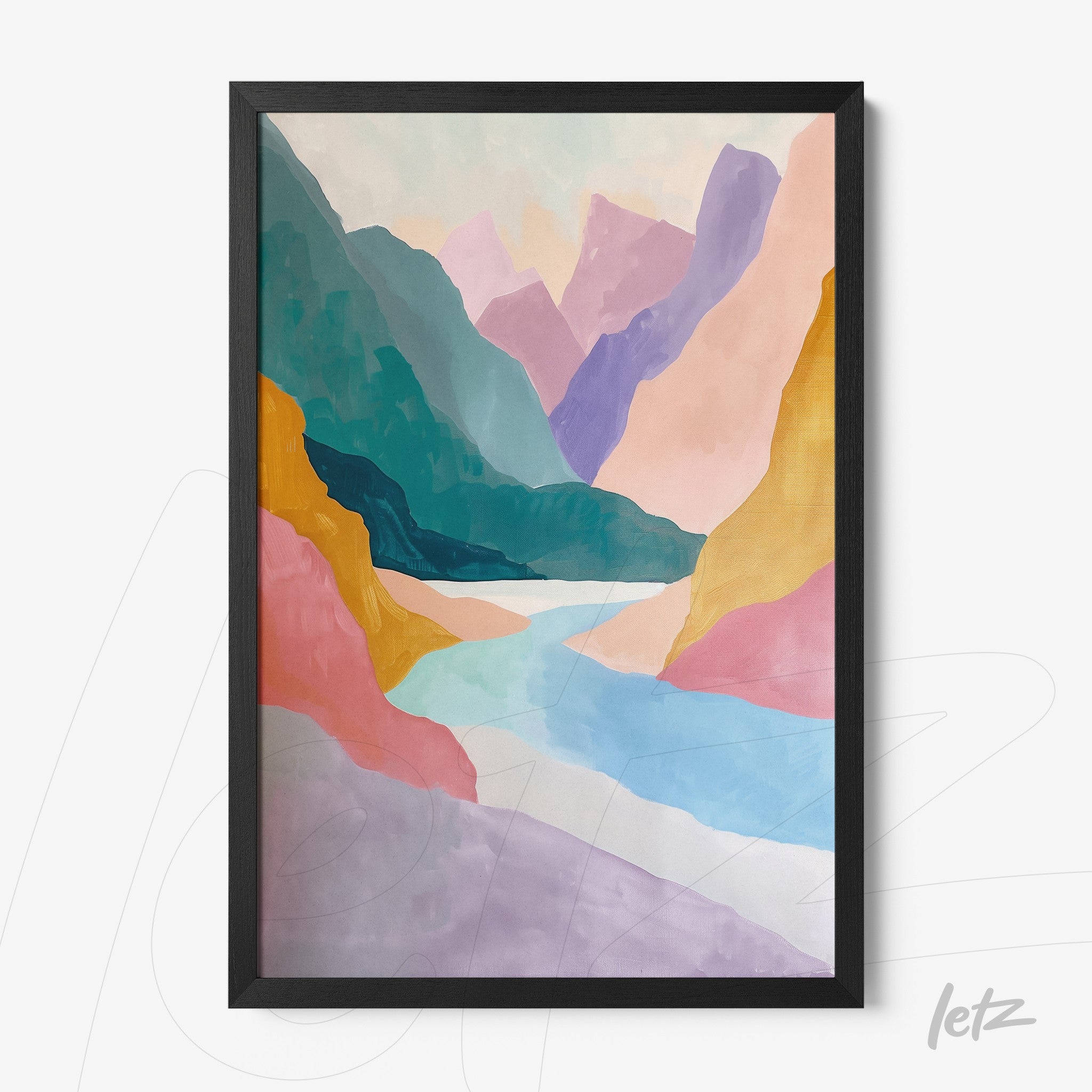 framed art piece featuring a modern landscape with colorful mountains and a serene river