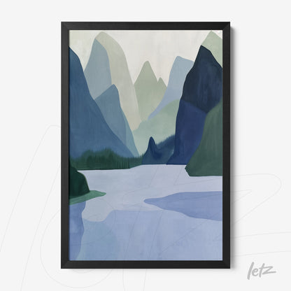 modern art framed depiction of a mountainous landscape in shades of blue and green