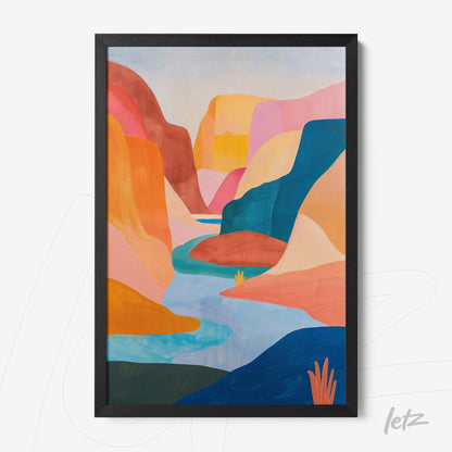 framed artwork of an abstract canyon landscape in vibrant colors with black frame