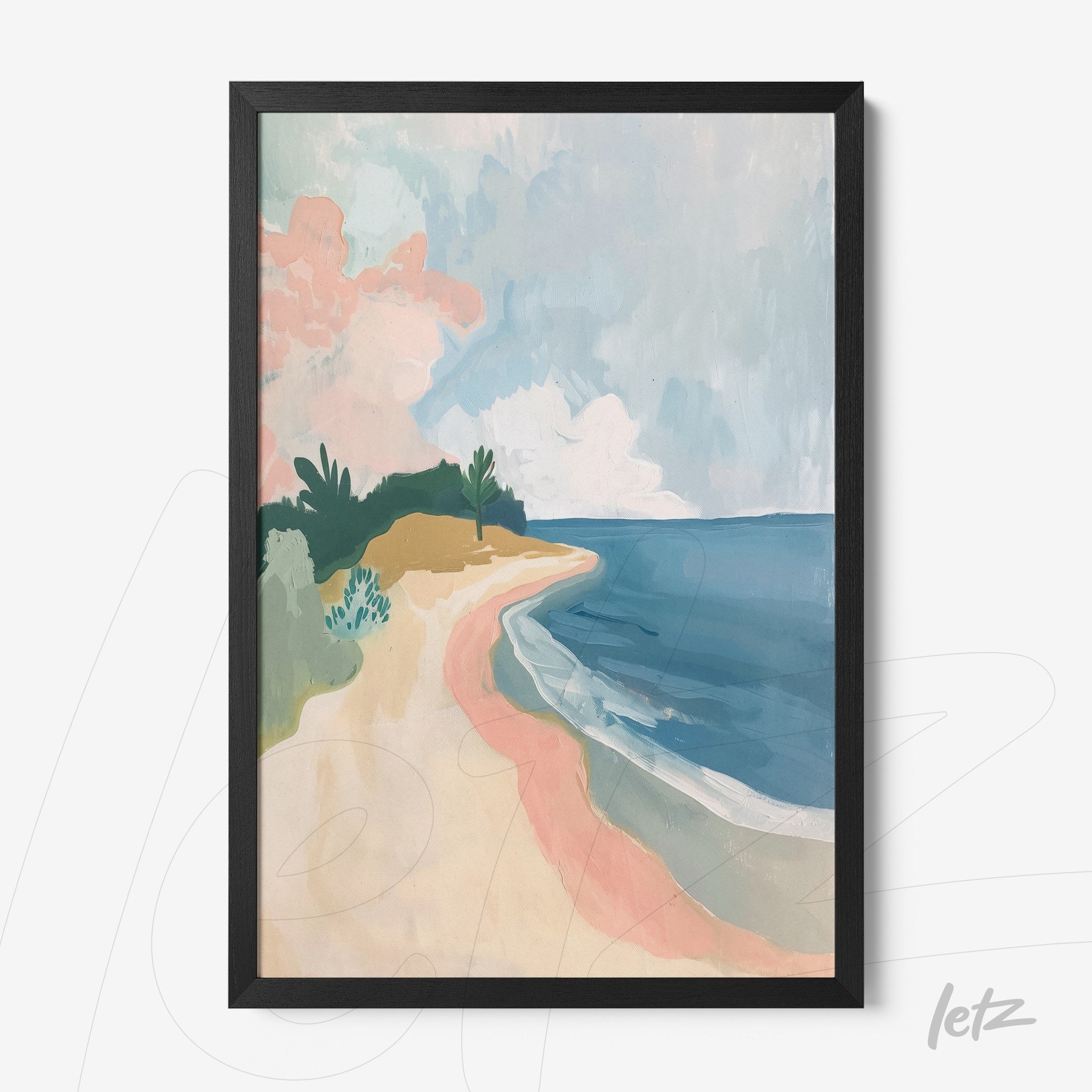 framed abstract artwork of a beach landscape with vibrant colors
