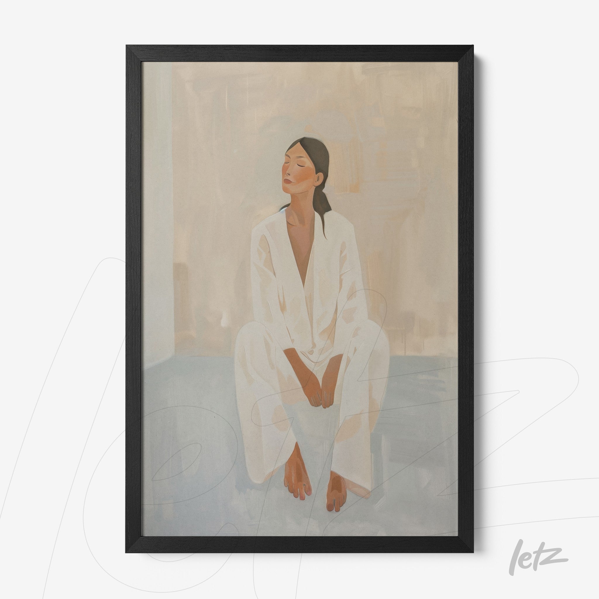 framed artwork depicting a minimalist portrait of a woman sitting in white clothing