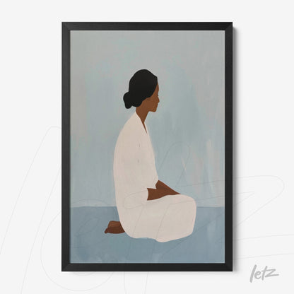 framed artwork of a woman sitting in a meditative pose against a light blue background