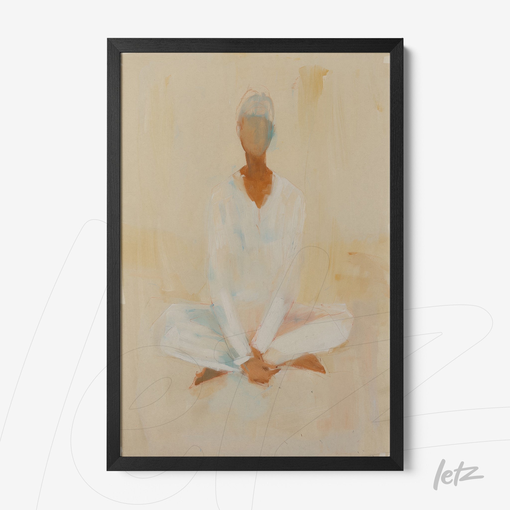framed abstract art of a seated human figure in meditation position, with a beige-toned background
