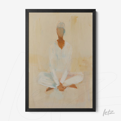 framed abstract art of a seated human figure in meditation position, with a beige-toned background