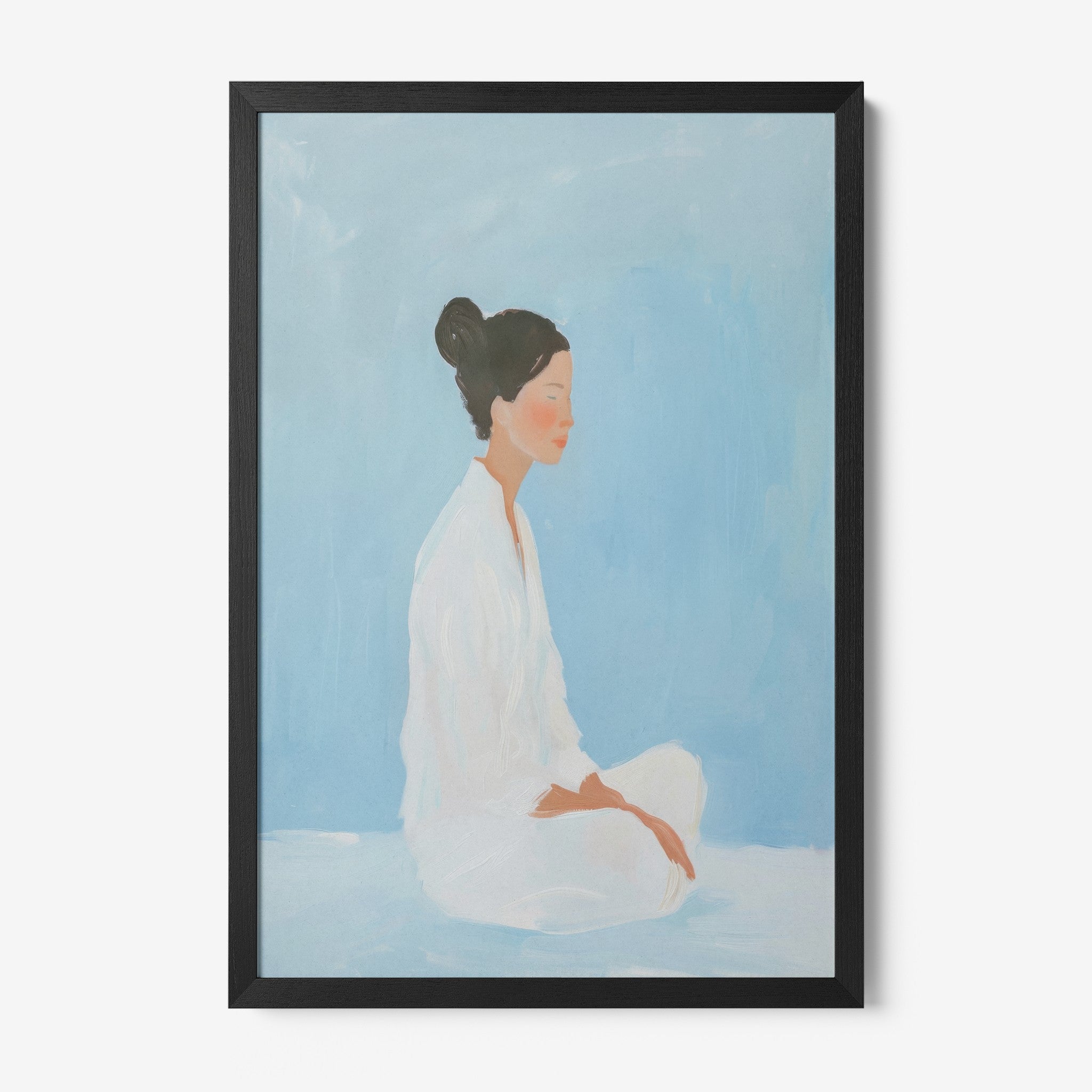 framed minimalist art of a woman meditating against a light blue background