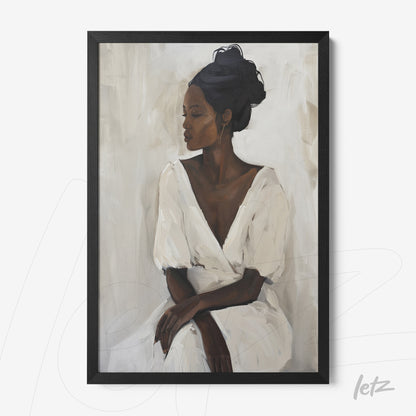 framed artwork depicting a black woman in a minimal white dress in a black frame