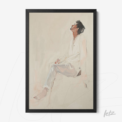 portrait art in watercolor of a man sitting with black frame