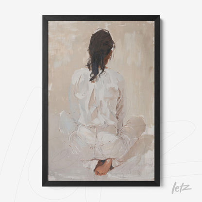 framed artwork of a woman sitting with her back to the viewer, wearing white clothes against a neutral background