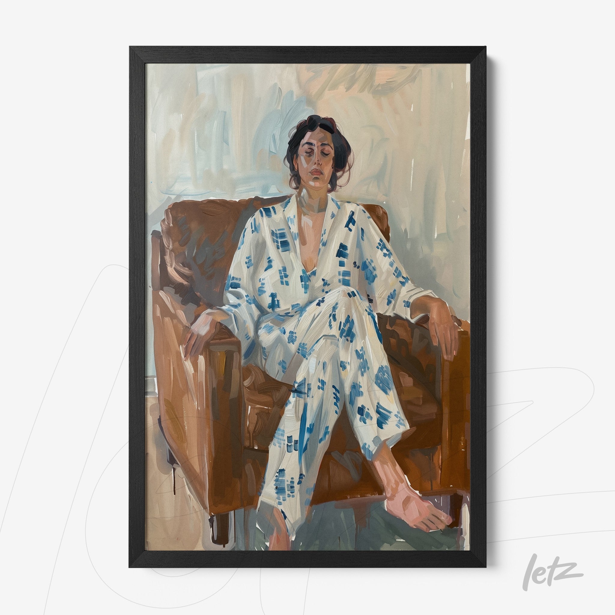 figurative wall art of a woman sitting on a brown sofa wearing a patterned robe