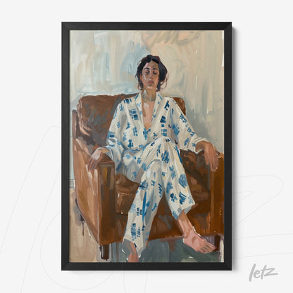 figurative wall art of a woman sitting on a brown sofa wearing a patterned robe