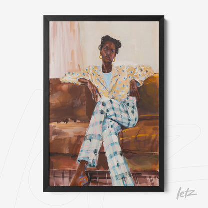 contemporary wall art of a woman sitting on a sofa, wearing a patterned blazer and plaid trousers, framed in black