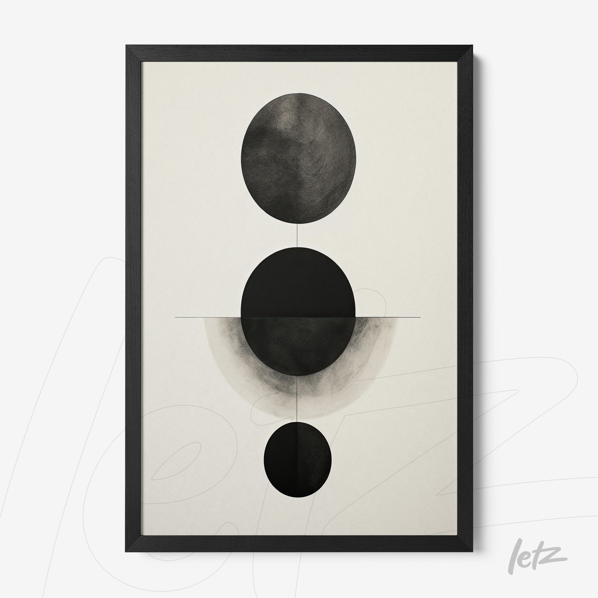 modern wall art featuring abstract black and white design with varying circles on a light background, in a black frame