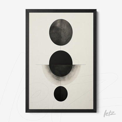 modern wall art featuring abstract black and white design with varying circles on a light background, in a black frame