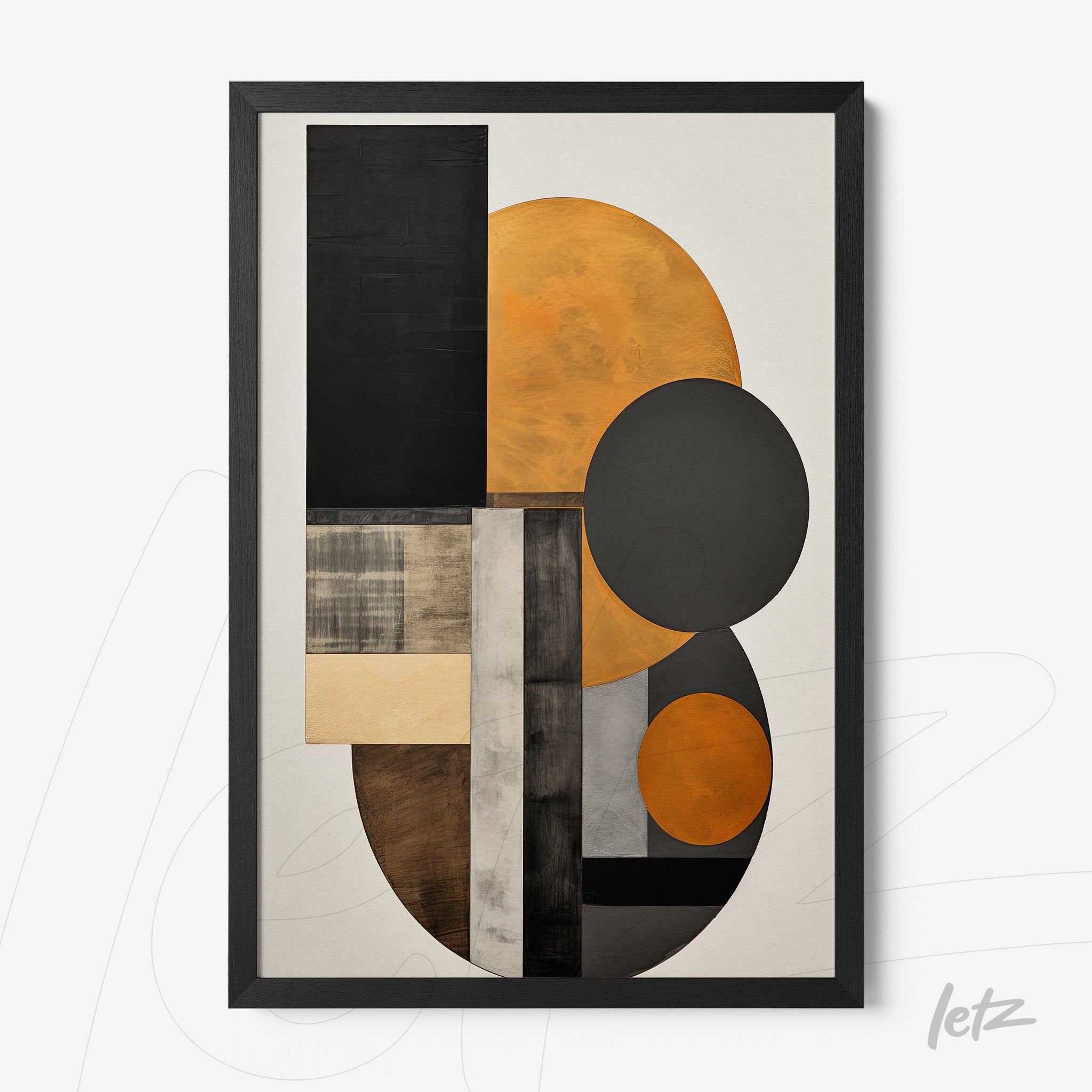 framed wall art featuring geometric shapes in shades of orange, black, and gray