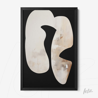 abstract wall art featuring organic shapes on a black background with a black frame