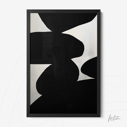 abstract wall art in black and white featuring organic shapes with a black frame