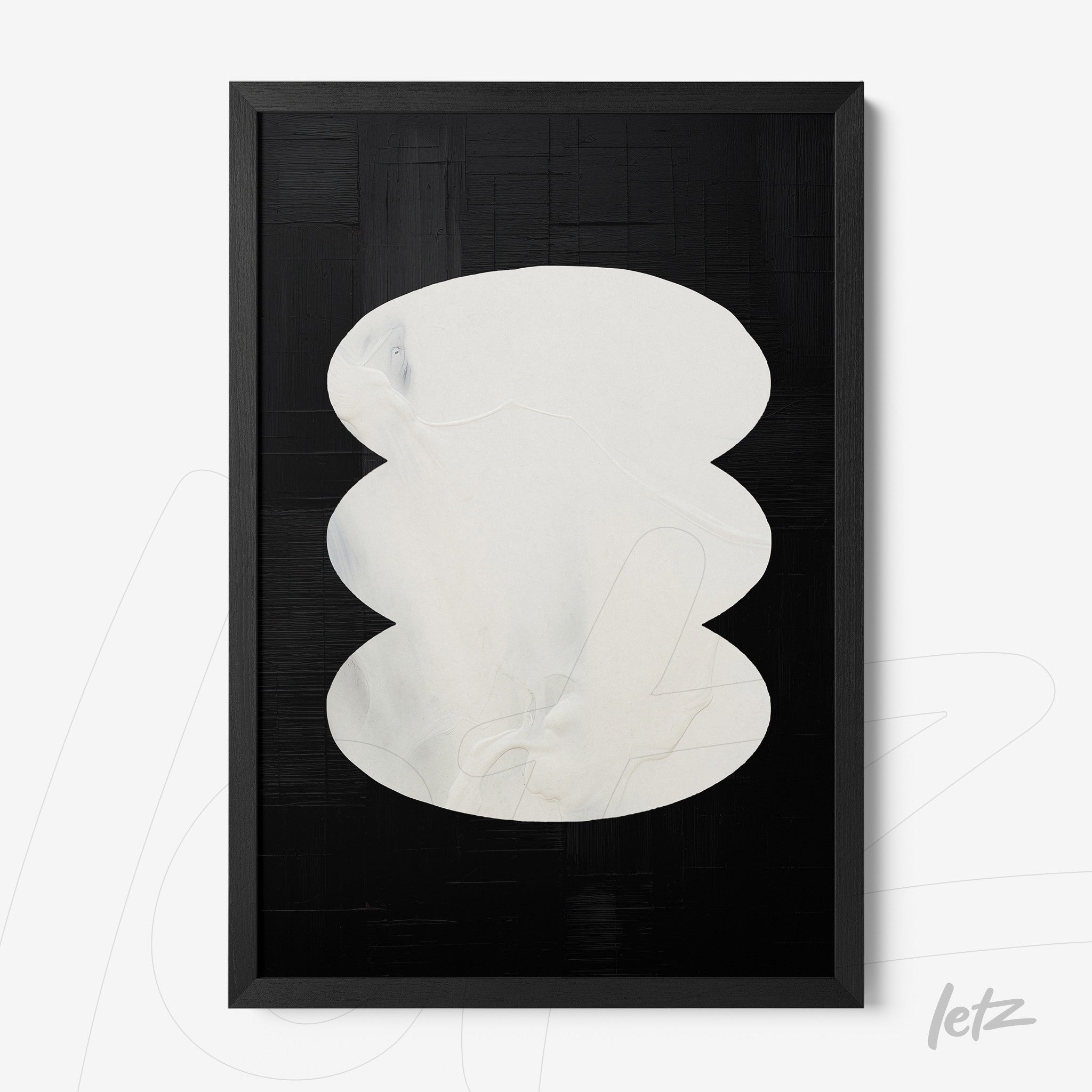 abstract art piece in white tones on black background with a thin black frame