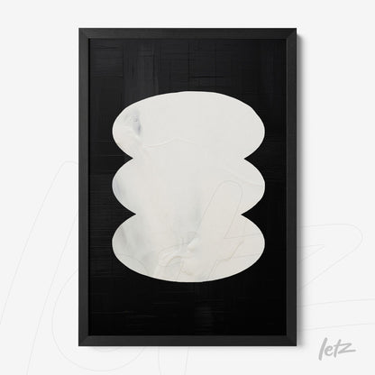 abstract art piece in white tones on black background with a thin black frame