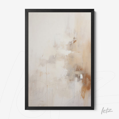 abstract wall art in neutral tones with brown accents, framed in black